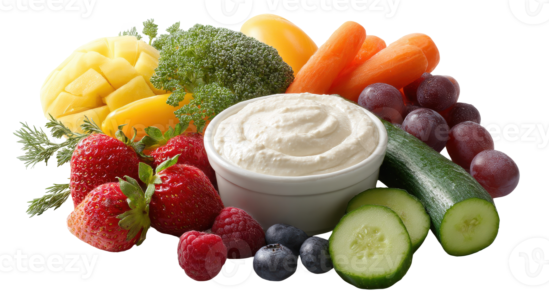 Fresh fruits and vegetables with dip on transparent background png