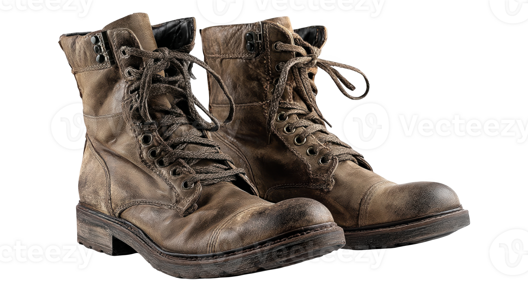 Pair of stylish brown combat boots showing wear and tear on transparent background png
