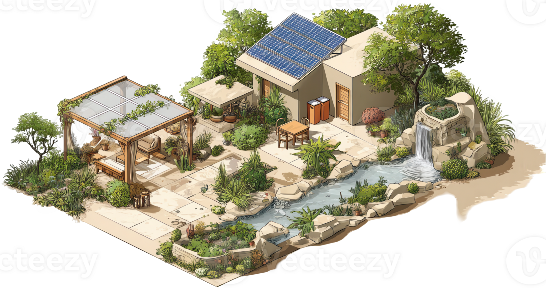 Sustainable backyard with solar panels, pergola, and waterfall on transparent background png