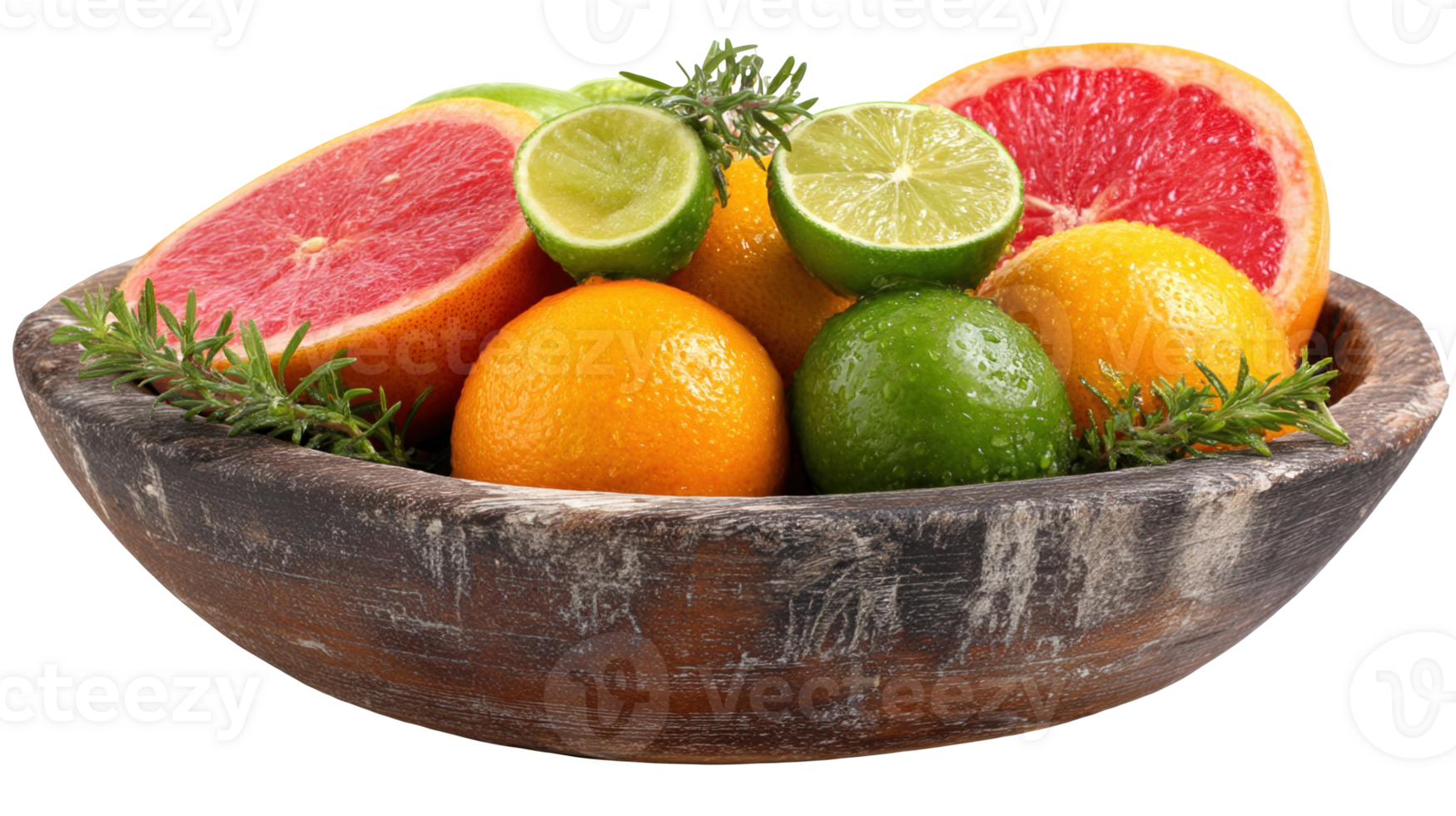Citrus fruits overflowing a rustic wooden bowl on transparent background png