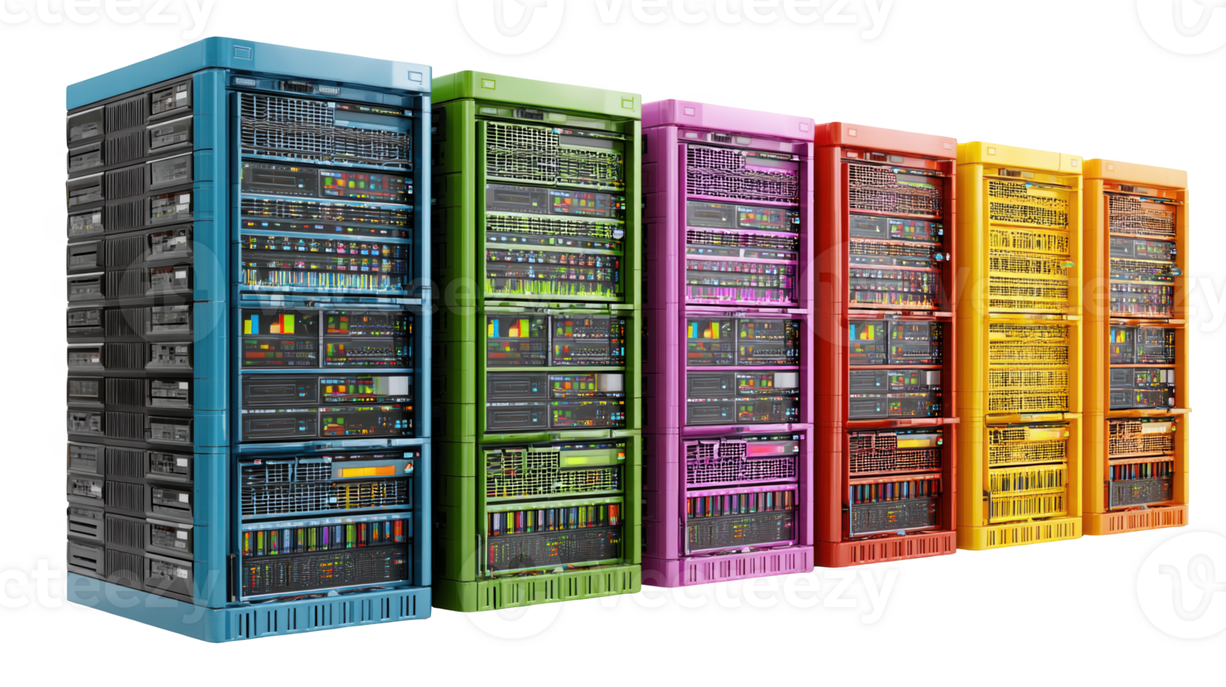 Colorful server racks displaying processing data on transparent ...