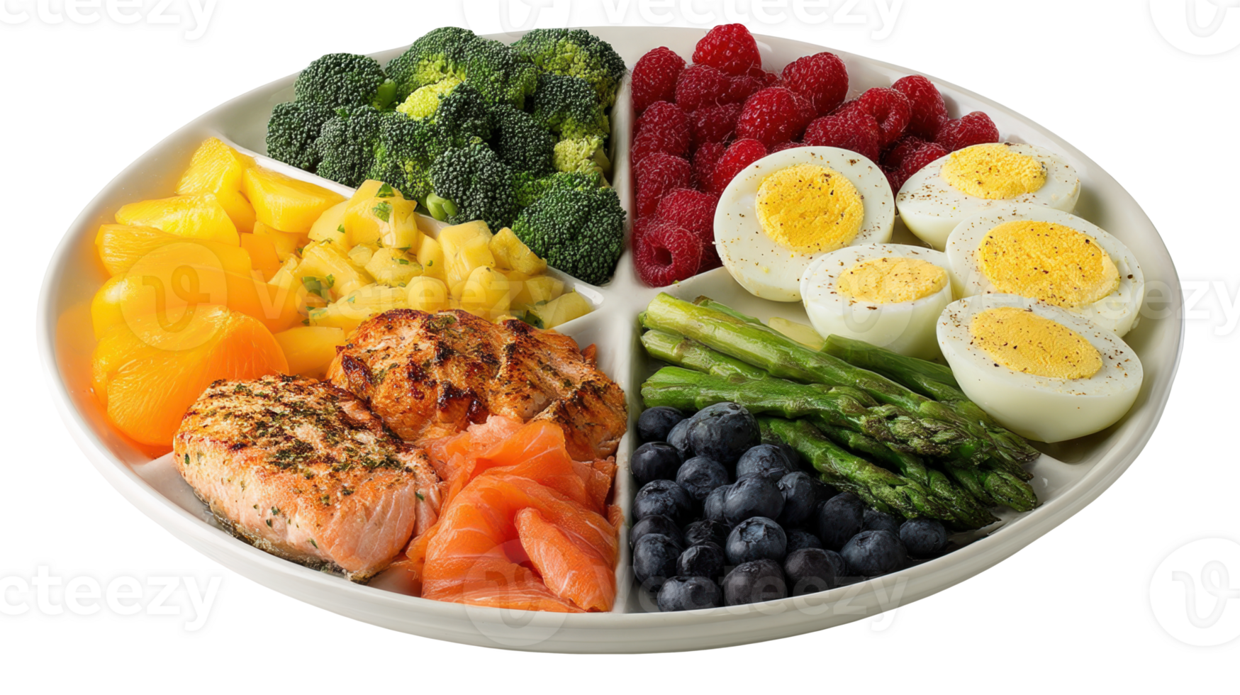 Divided plate presenting a healthy balanced diet with transparent background png