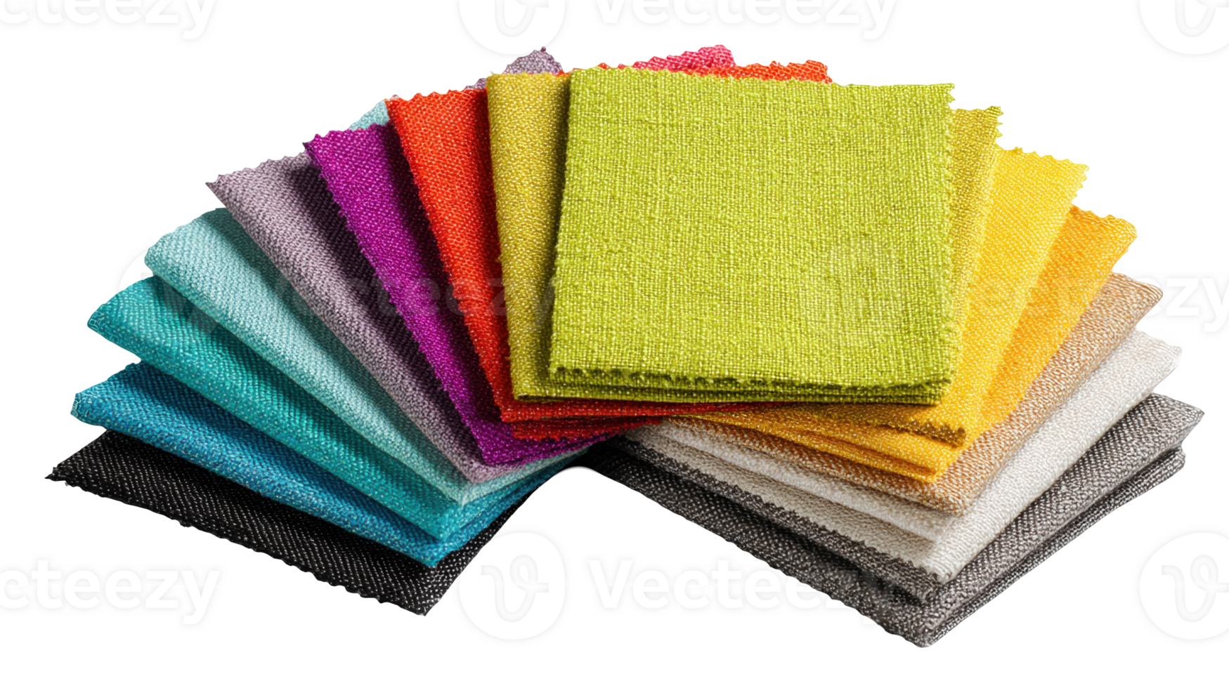 Colorful fabric samples showing variety of textures and colors on transparent background png
