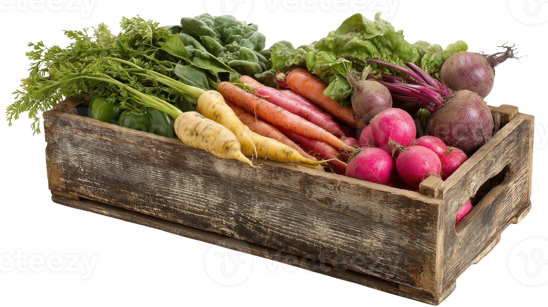 Fresh organic vegetables overflowing from rustic wooden crate with transparent background png