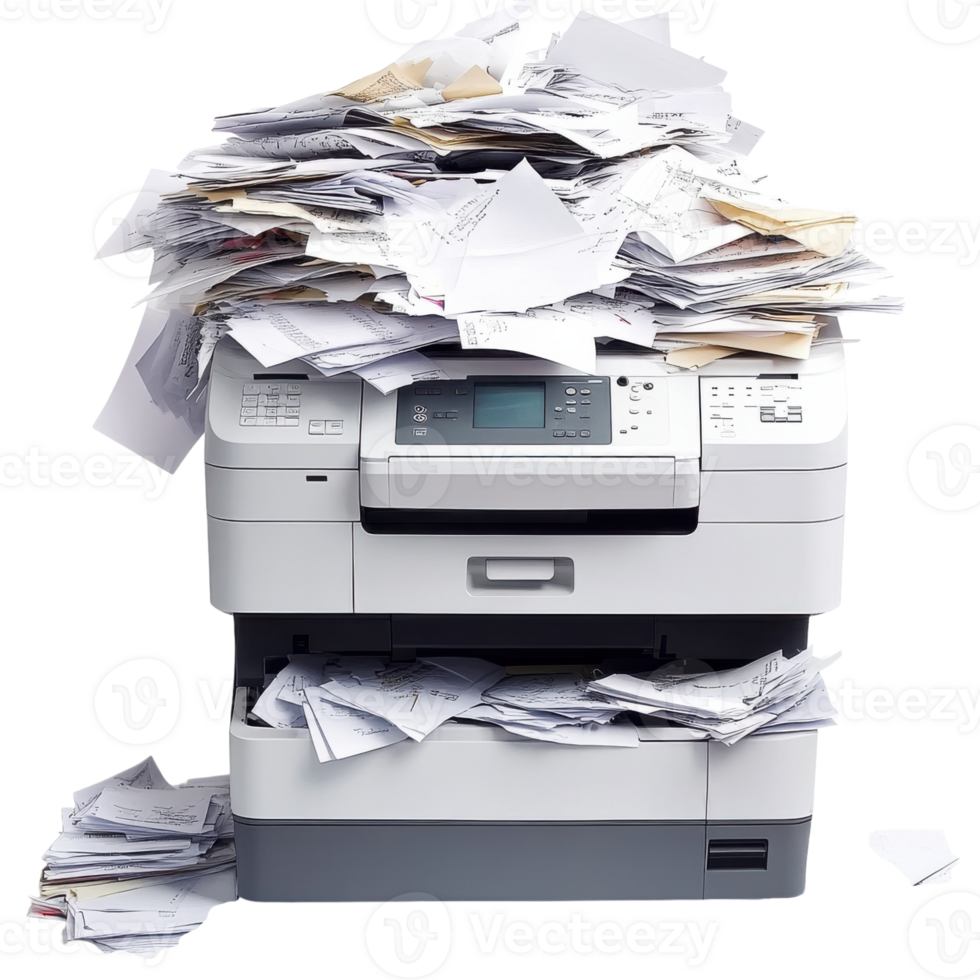 Overloaded office printer on transparent background png