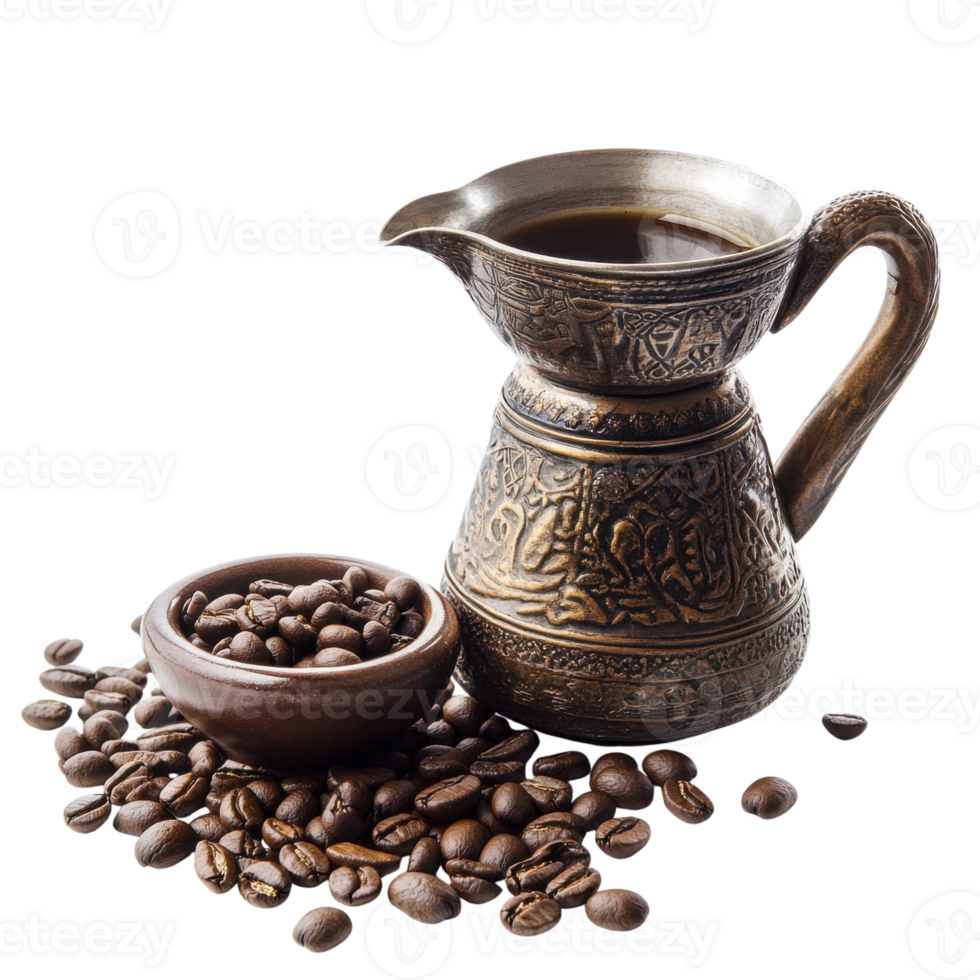 Coffee pot and dark beans on transparent background png