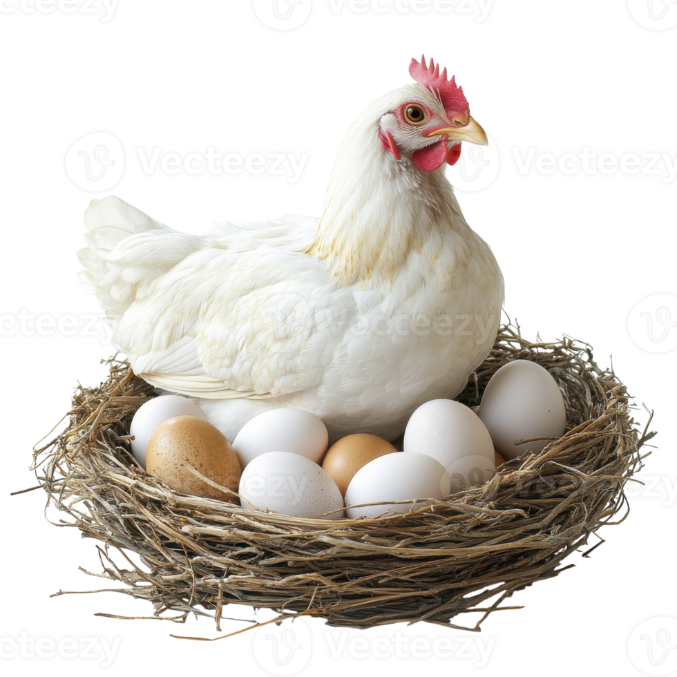 White hen with eggs nest on transparent background png
