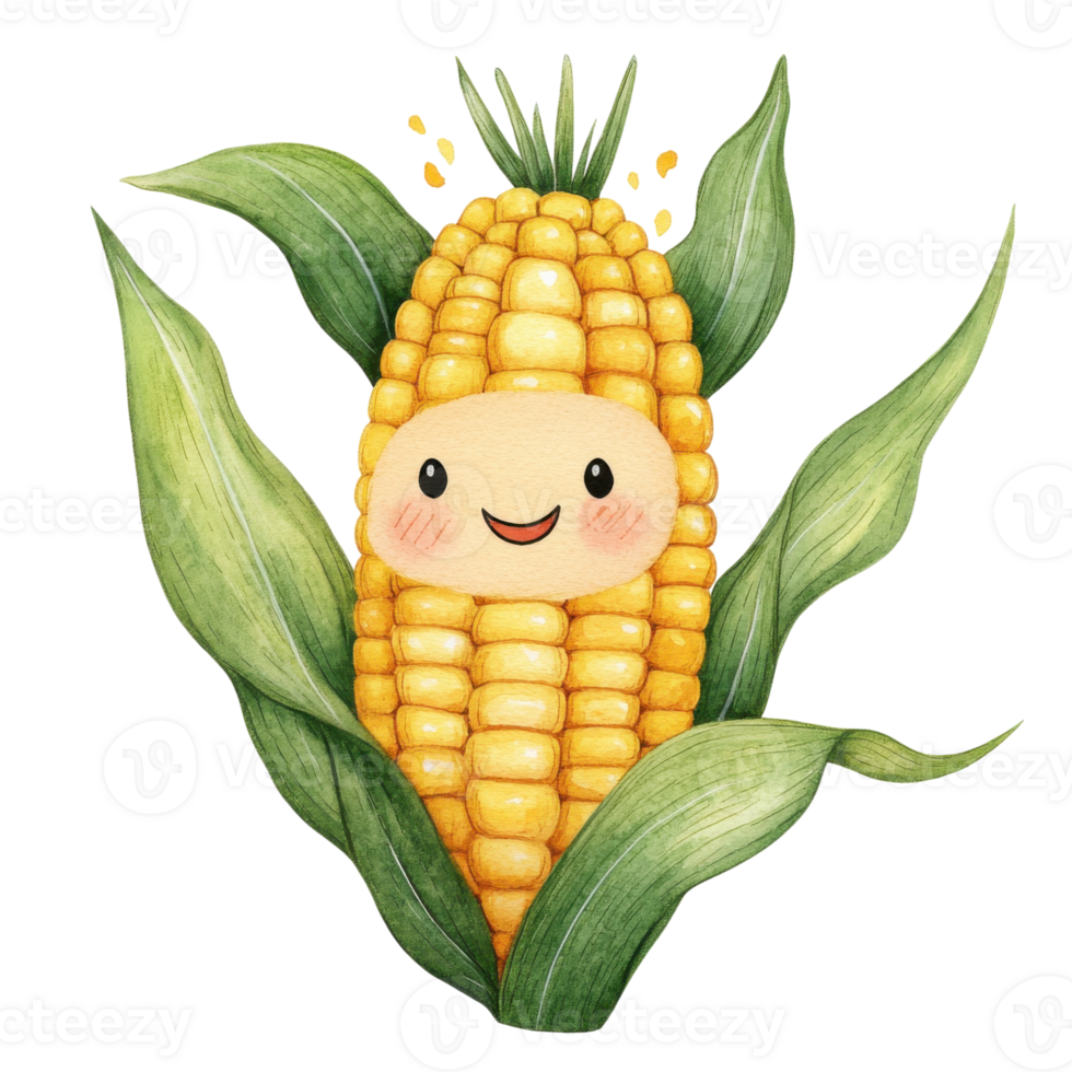 Cartoon corn with leaves on transparent background png