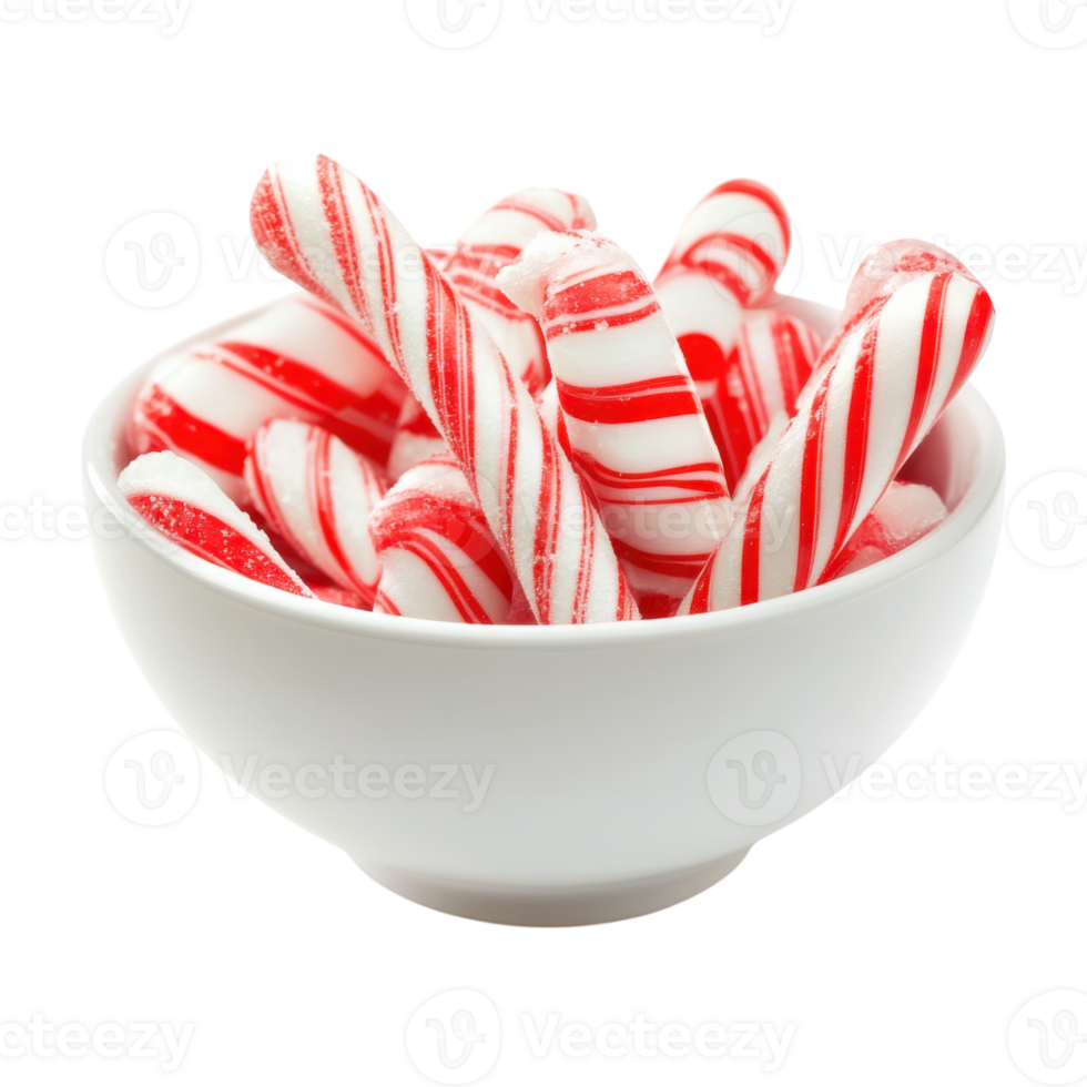 Candy canes in white bowl on transparent background png