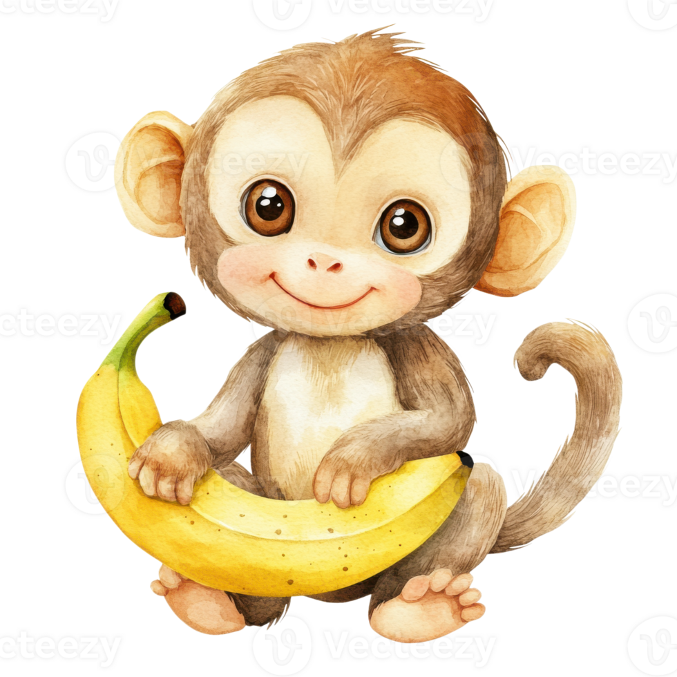 Monkey holding a banana on transparent background png