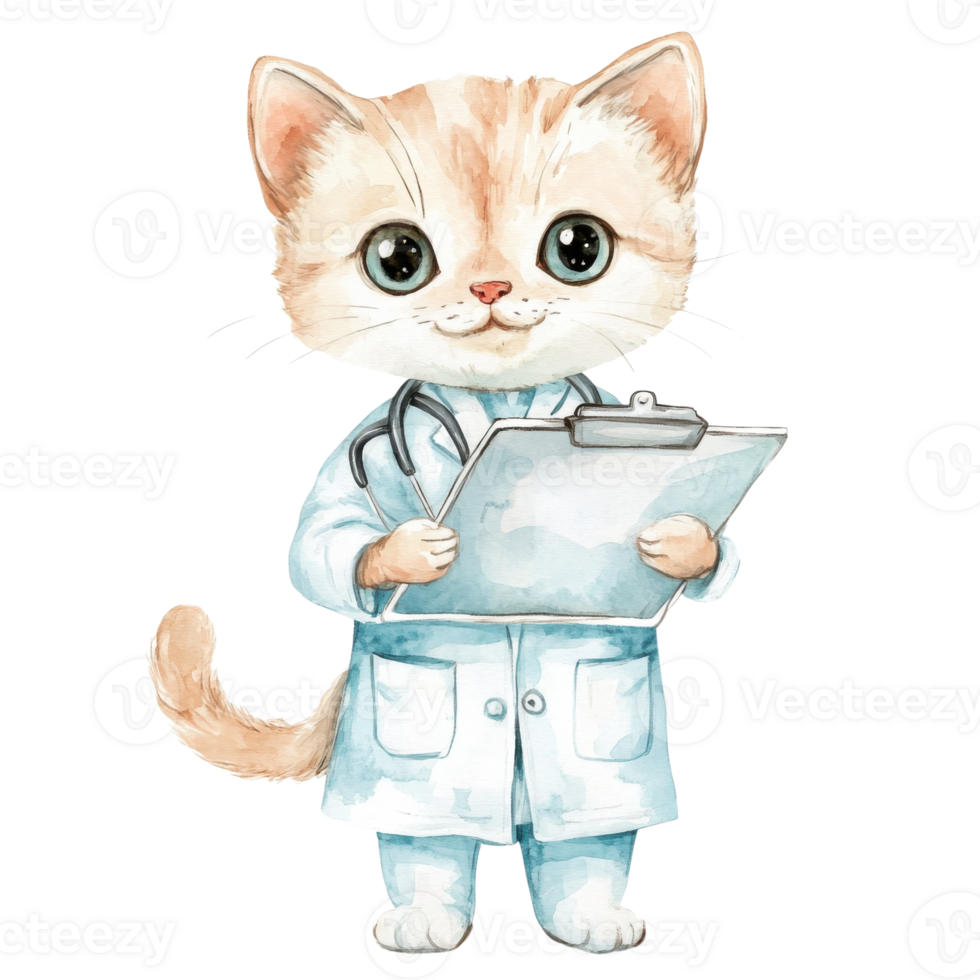 Cat doctor with clipboard on transparent background png