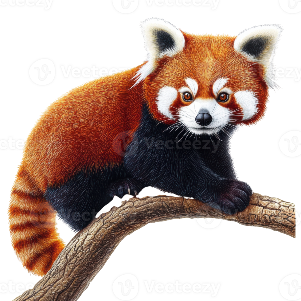 Red panda on tree limb on transparent background png