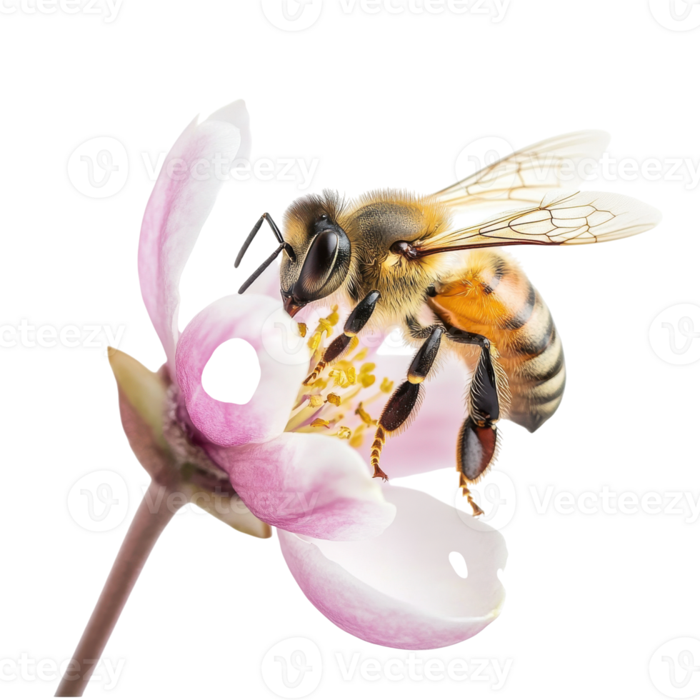 Bee on a pink blossom on transparent background png