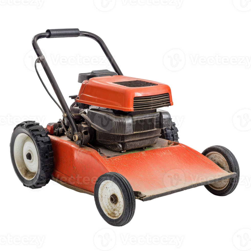 Old orange lawn mower on transparent background png