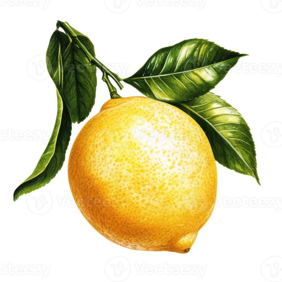 A lemon with green leaves on transparent background png