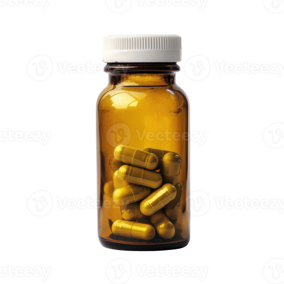 Pills in amber bottle shot on transparent background png