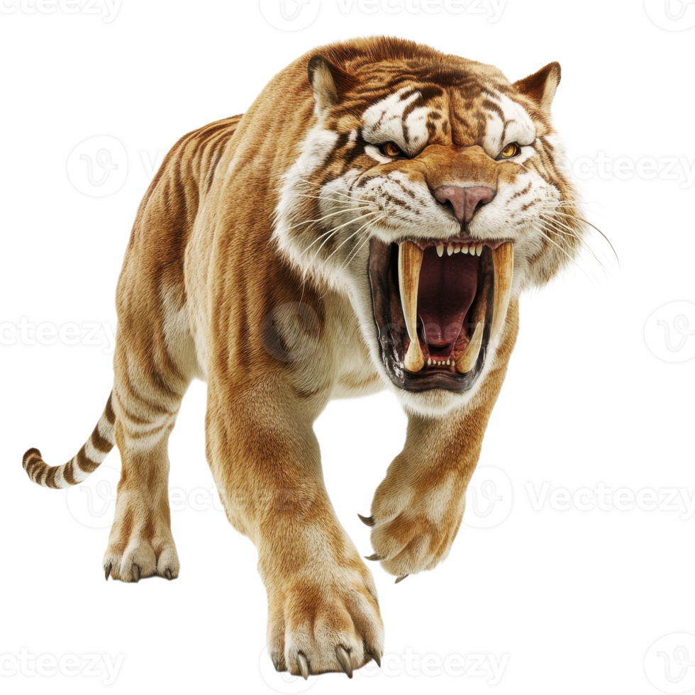Saber tooth tiger roars on transparent background png