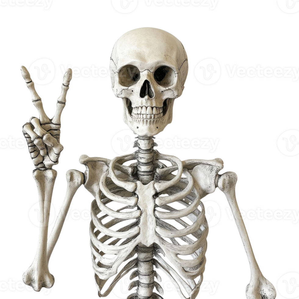 Skeleton peace gesture on transparent background png