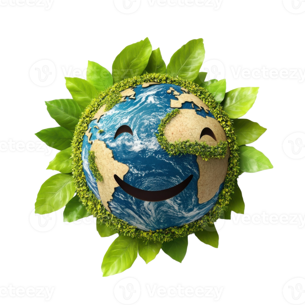 Happy earth with leaves on transparent background png