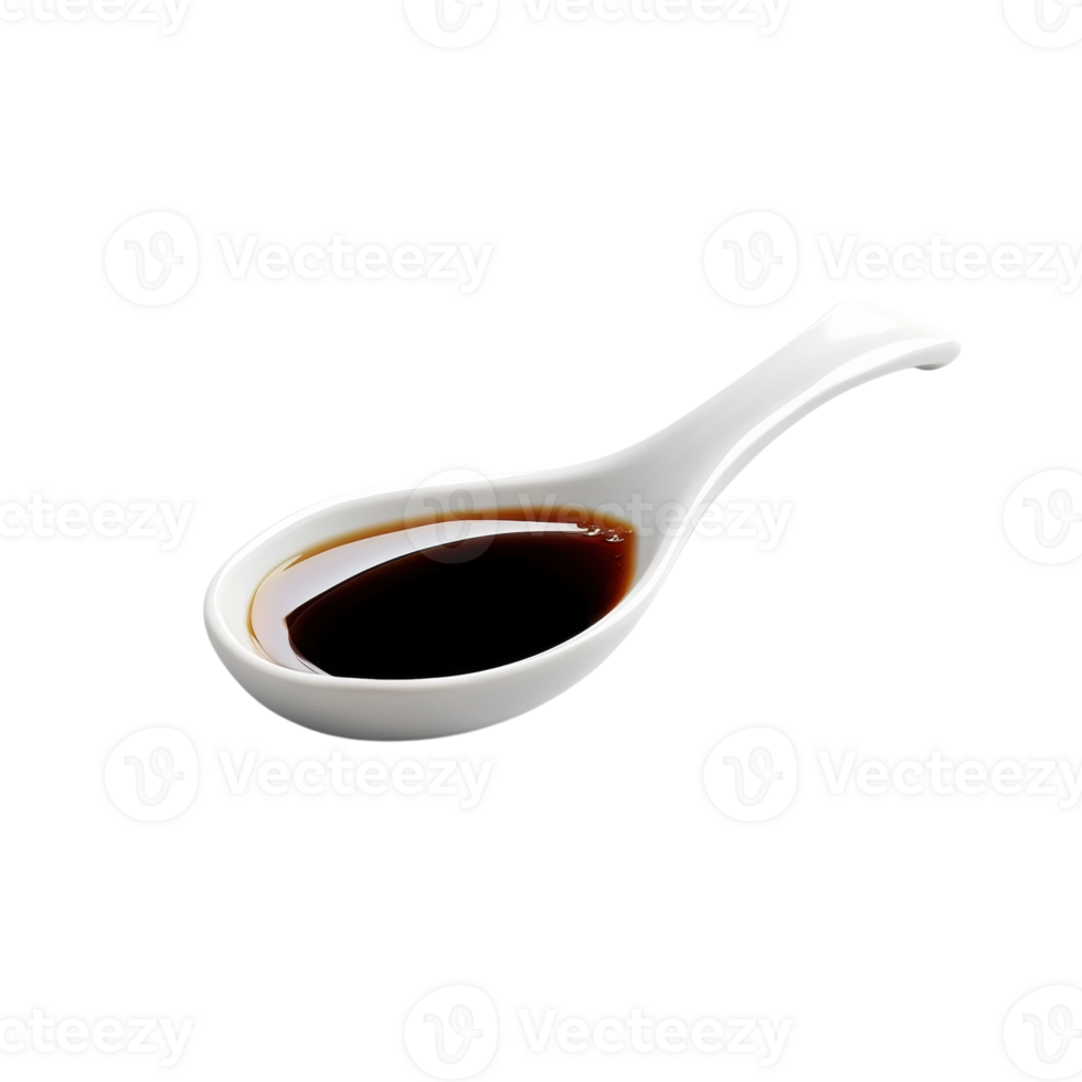 Soy sauce in white spoon on transparent background png