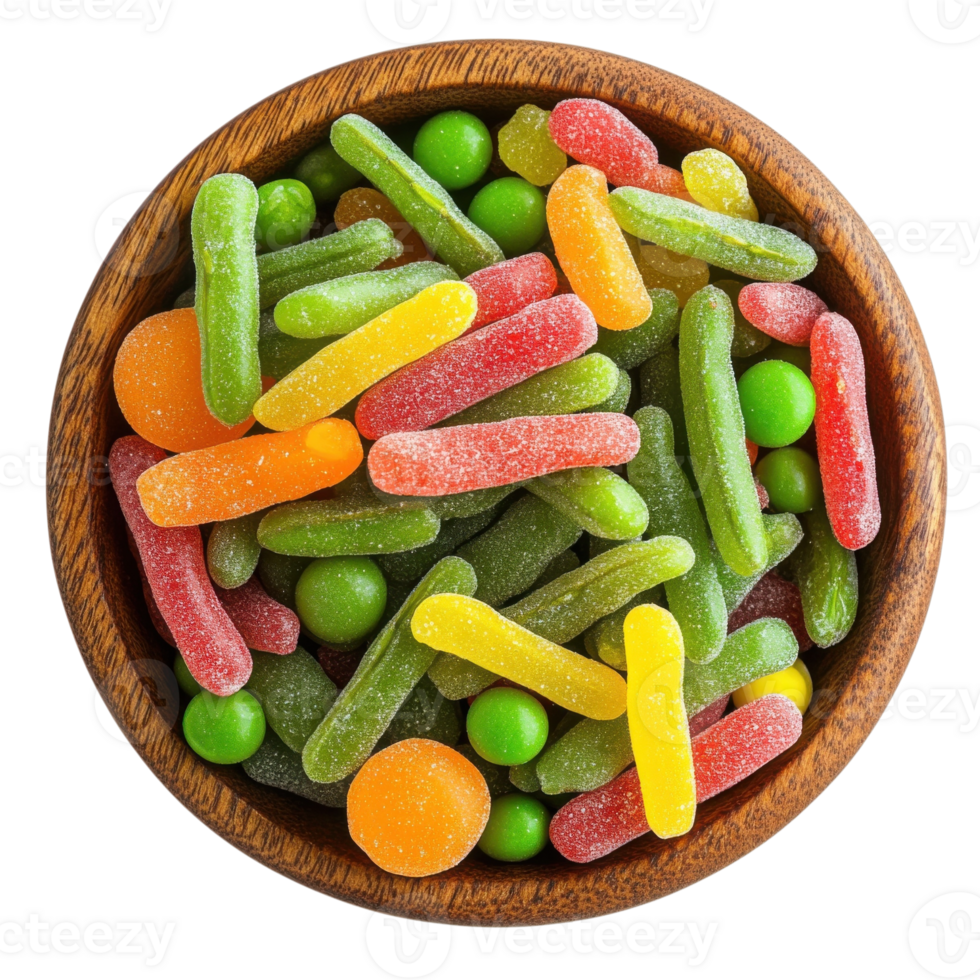 Candies in a wooden bowl on transparent background png