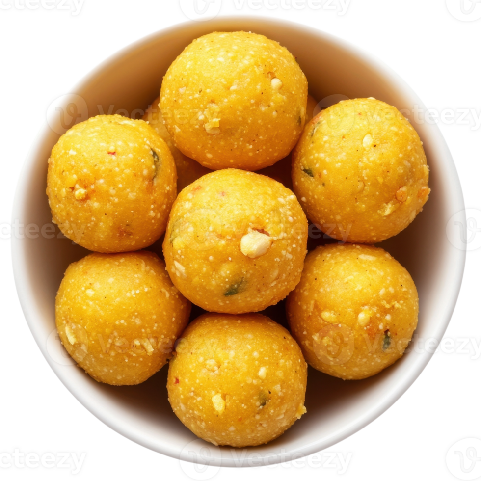 Bowl of yellow laddu balls on transparent background png