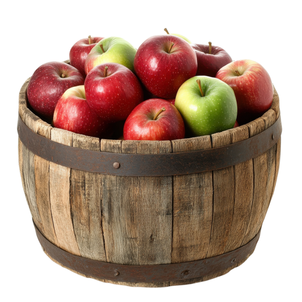 Apples in a wooden barrel on transparent background png