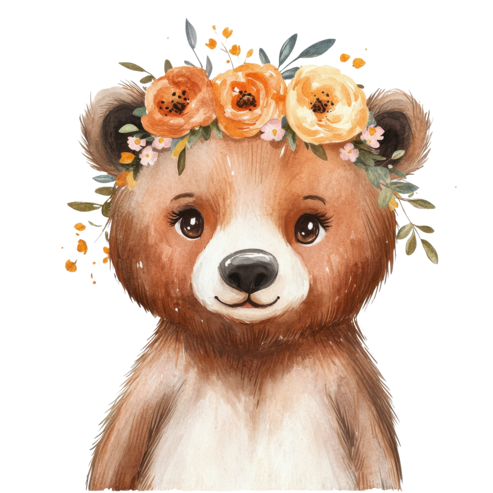 Bear with floral crown on transparent background png
