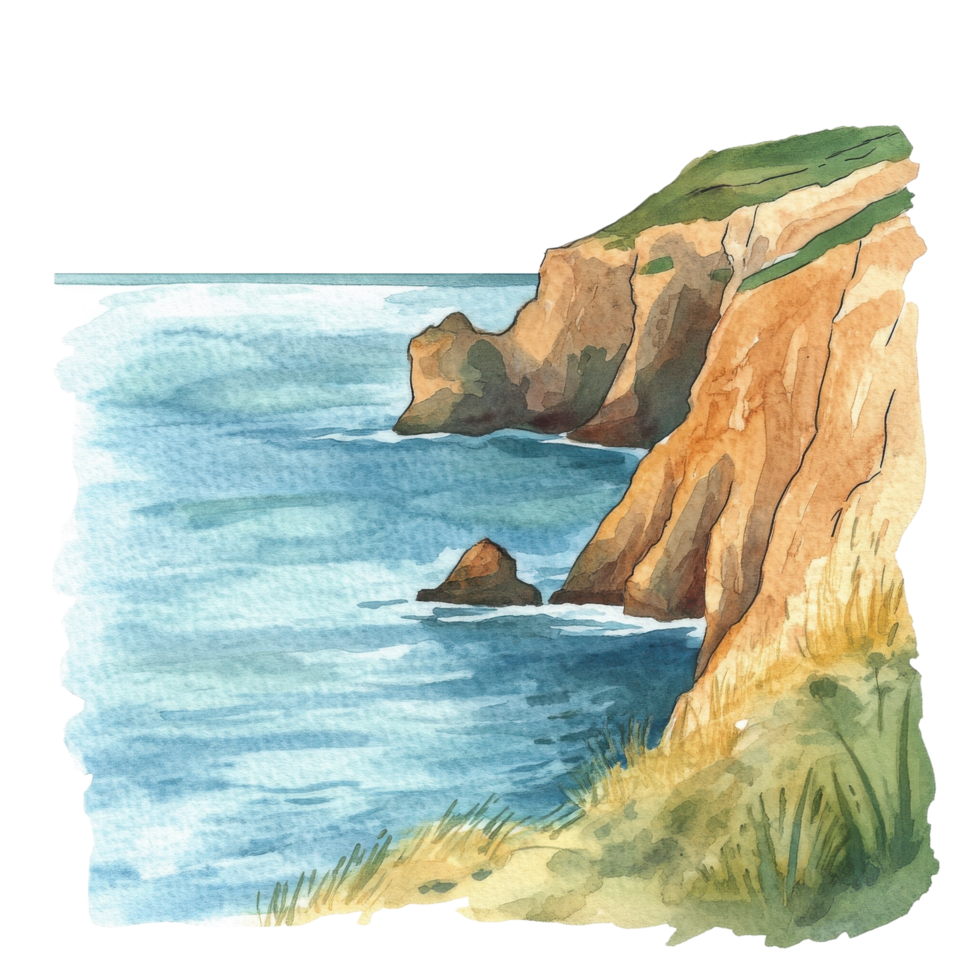 Watercolor cliffside view on transparent background png