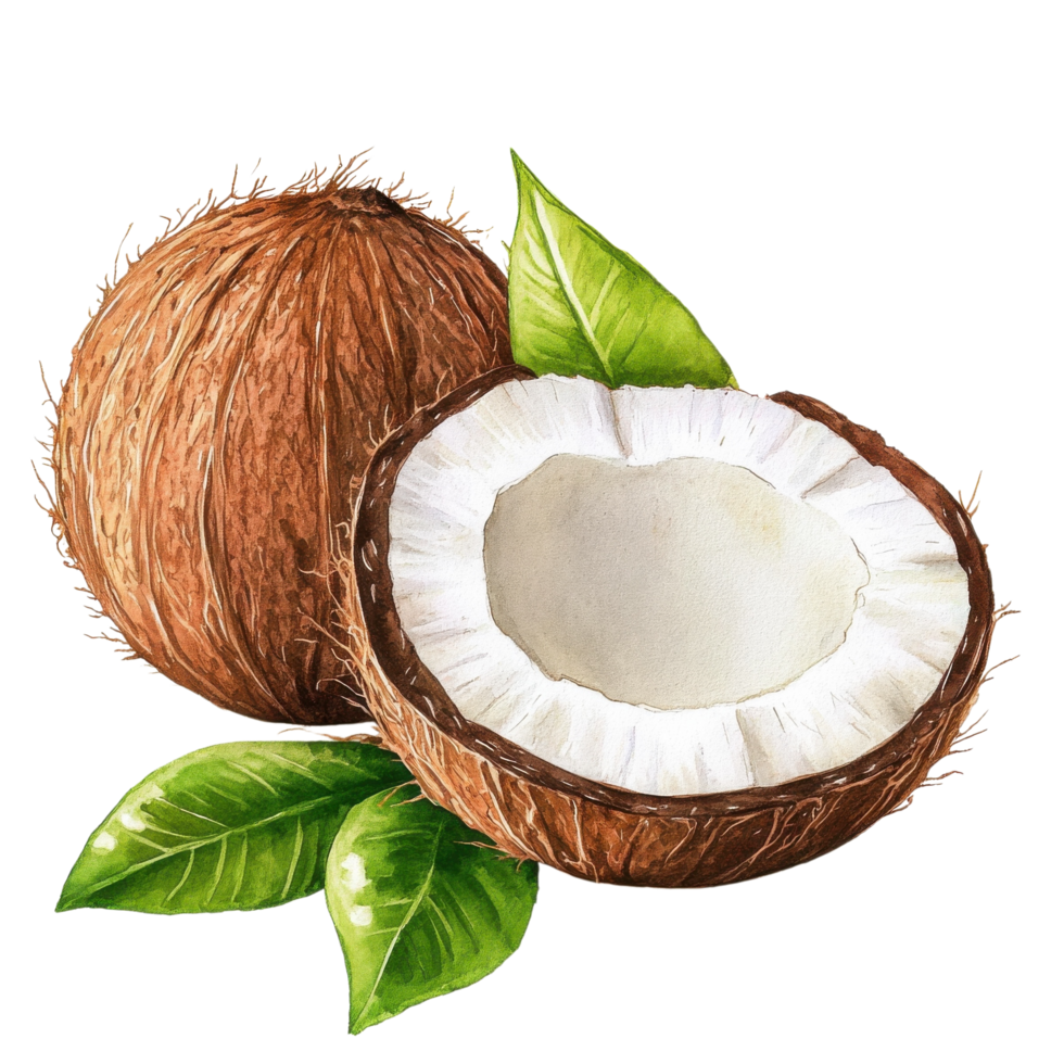 Coconuts and green leaves on transparent background png