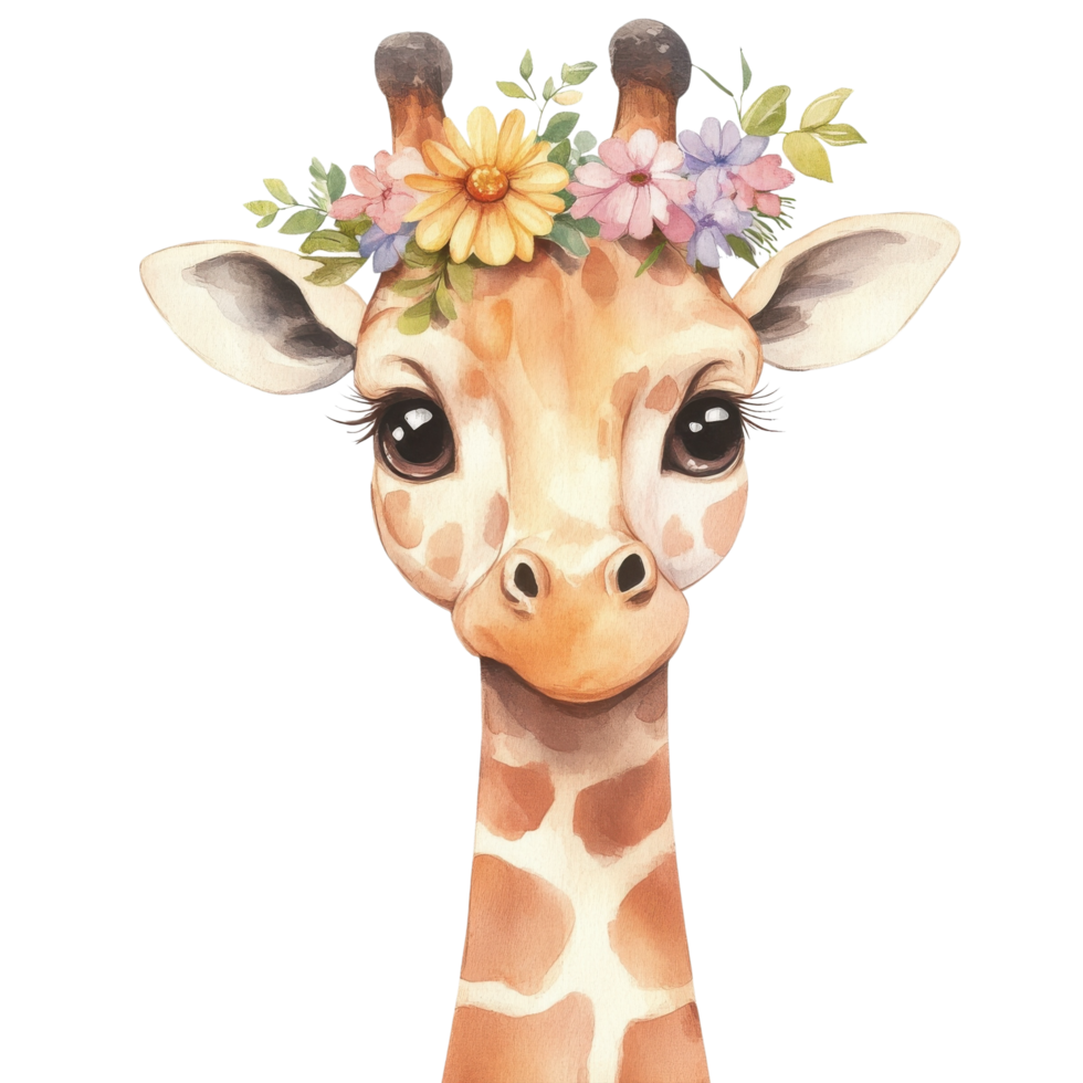 Giraffe with flower crown on transparent background png