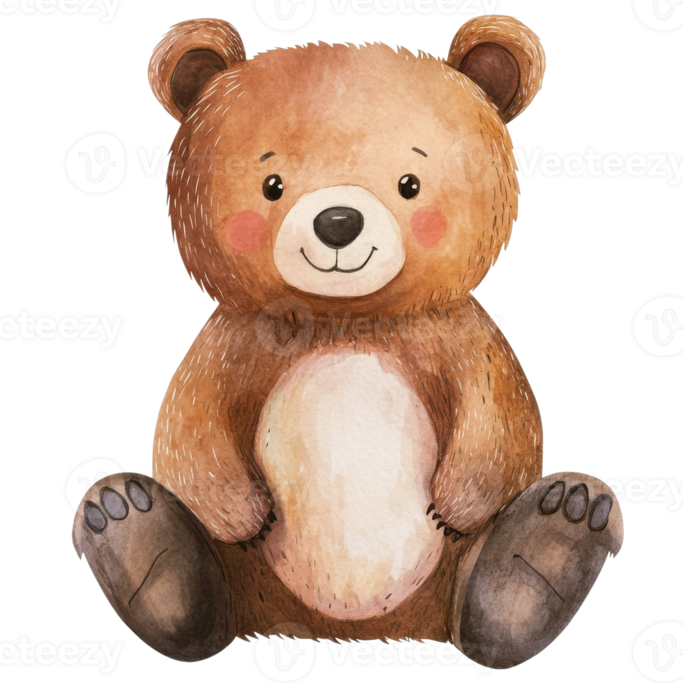 A cute brown bear sits on transparent background png