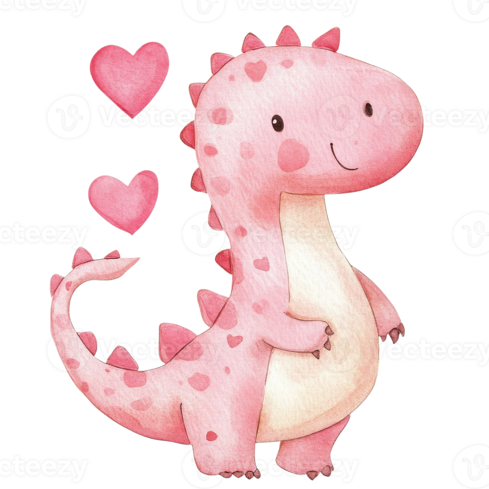 Pink dinosaur with hearts on transparent background png
