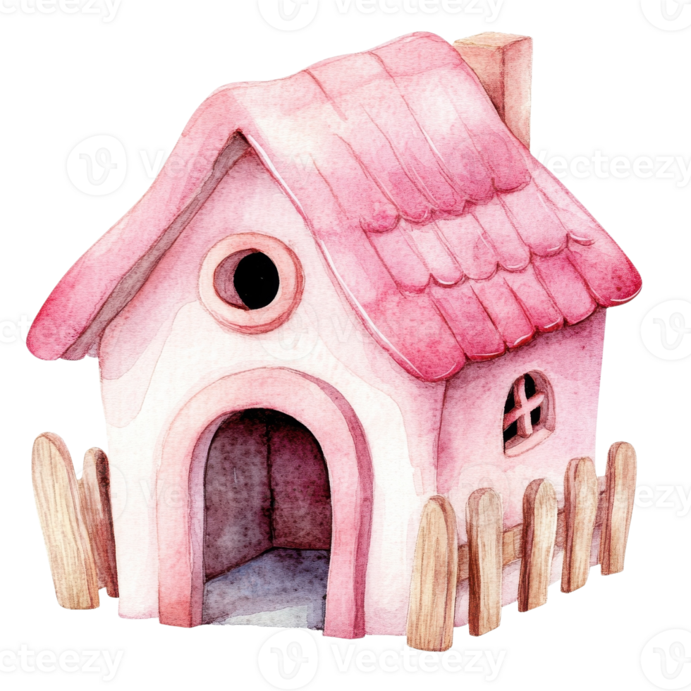 Pink watercolor cottage on transparent background png
