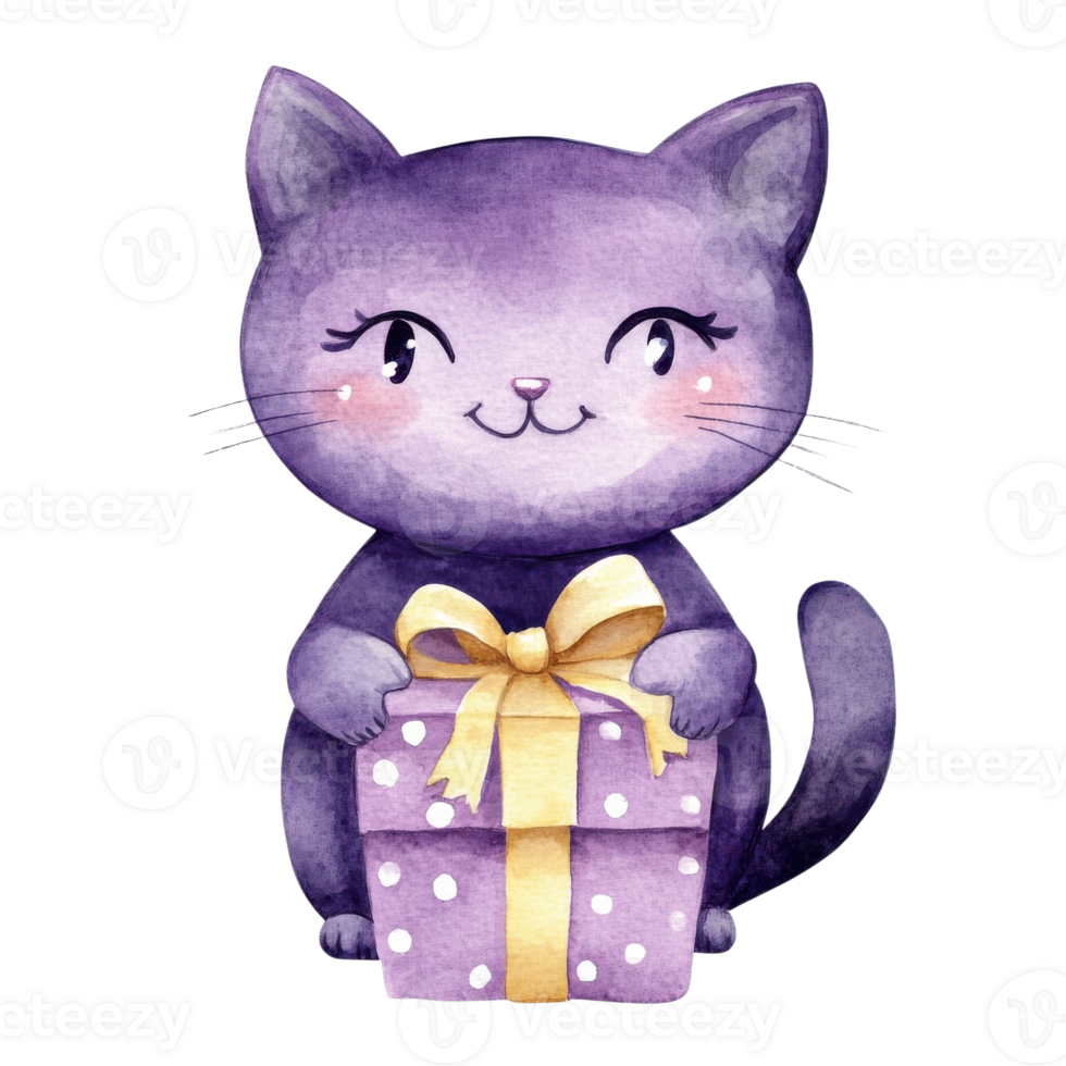 Lilac cat with present on transparent background png