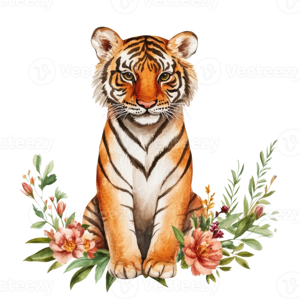Tiger floral watercolor on transparent background png