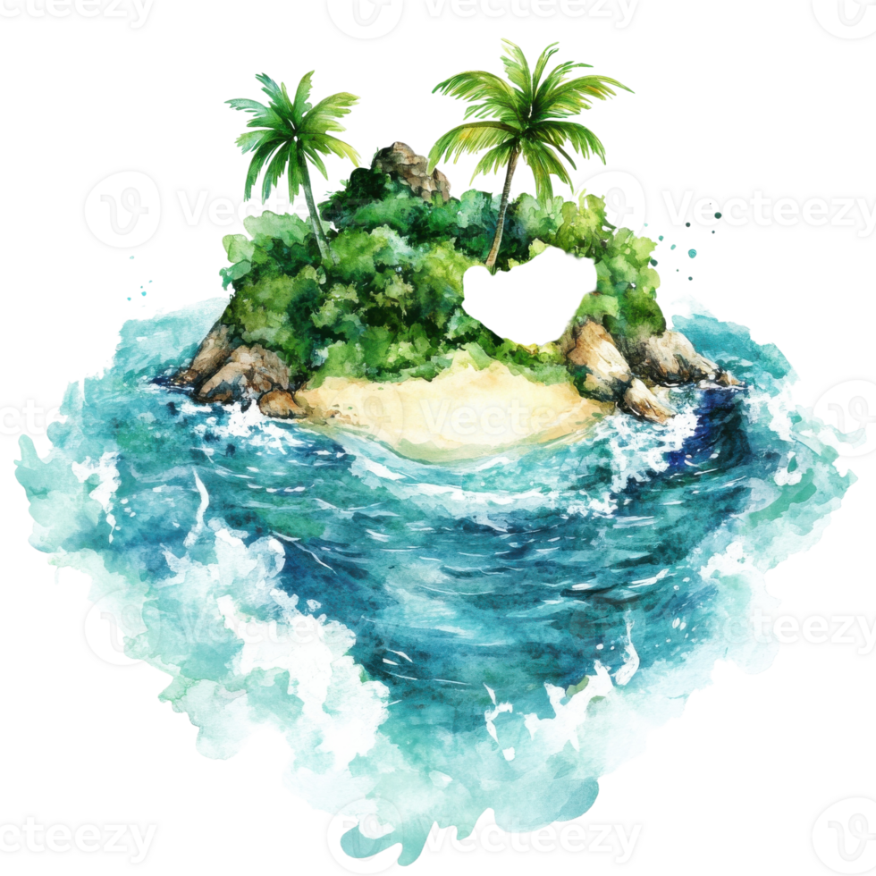 Island with ocean waves on transparent background png