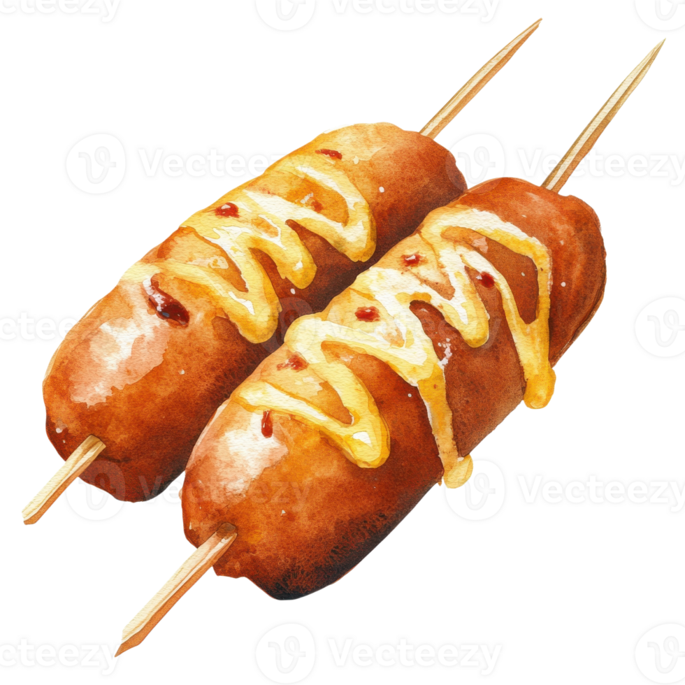 Two corn dogs with sauce on transparent background png