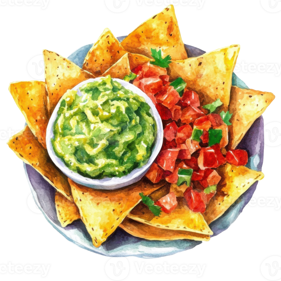 Nachos with guacamole dip on transparent background png