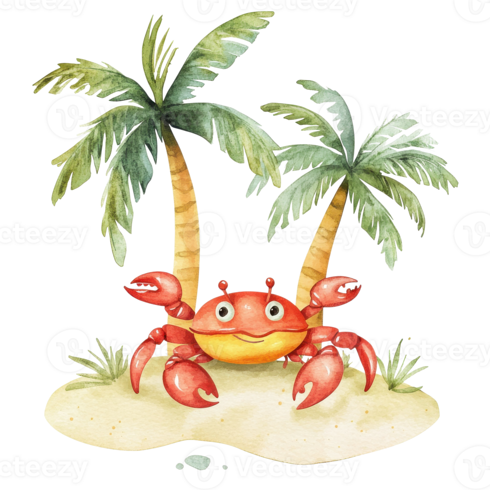 Crab on island with palms on transparent background png