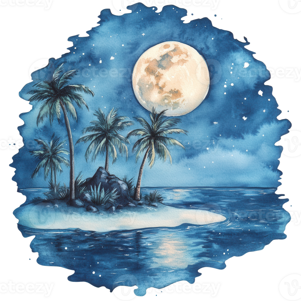 Island night with palms on transparent background png