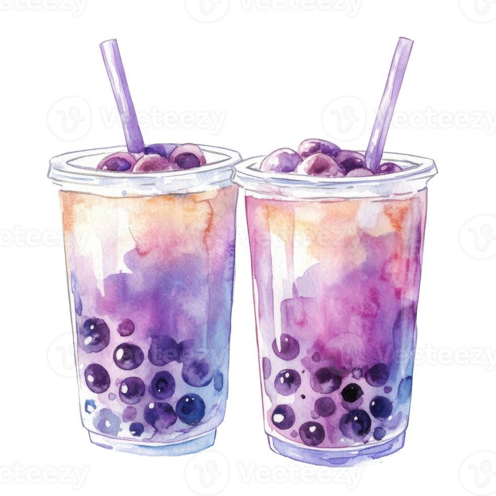 Two watercolor boba teas on transparent background png