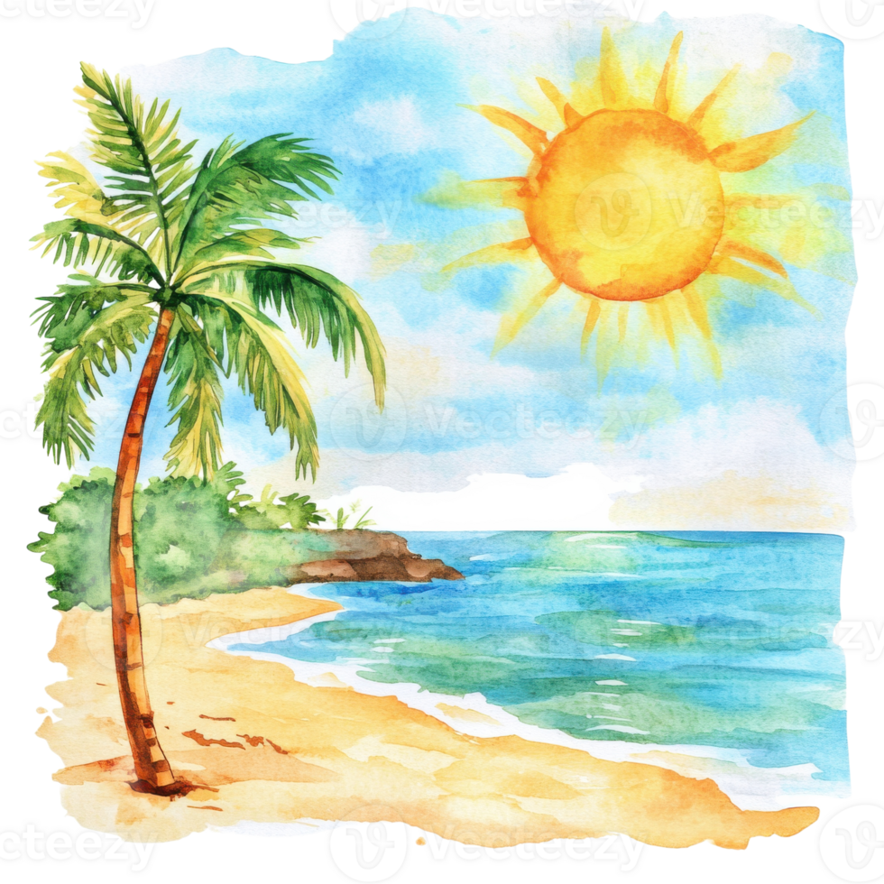 Beach with palm and sun on transparent background png
