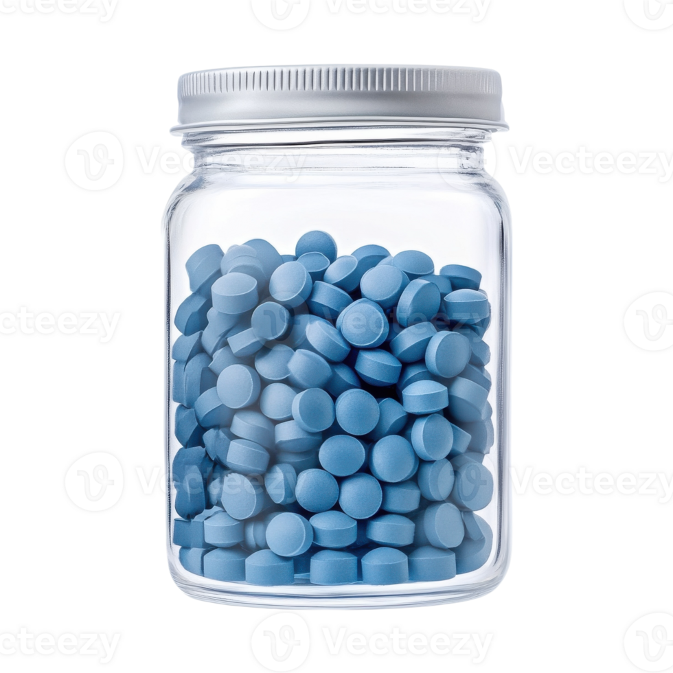 Blue pills in glass jar on transparent background png