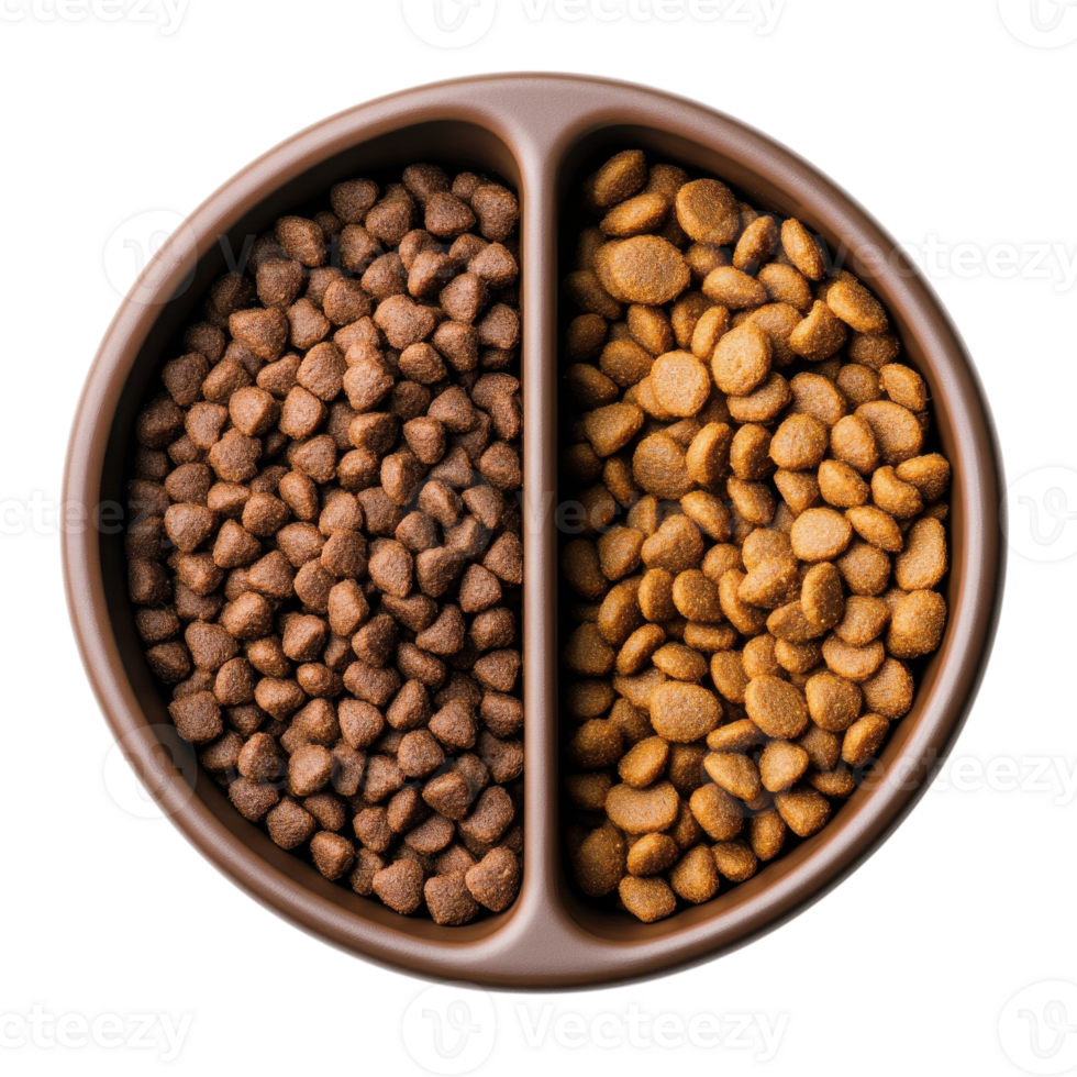Dog food in split bowl on transparent background png