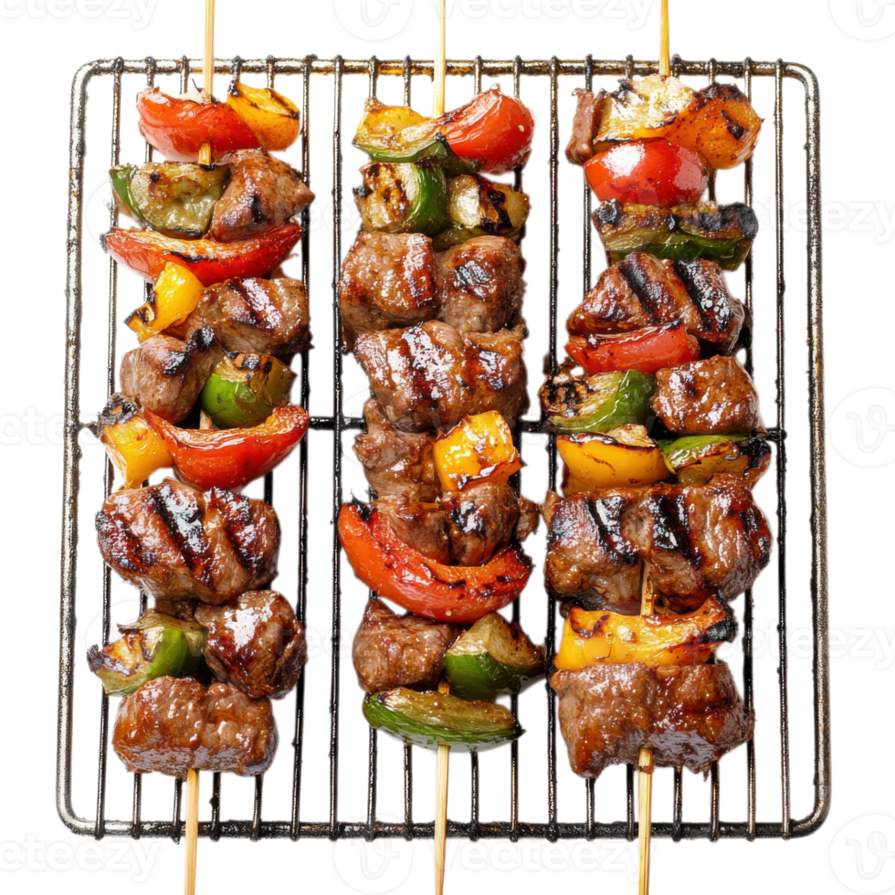 Three grilled skewers on transparent background png