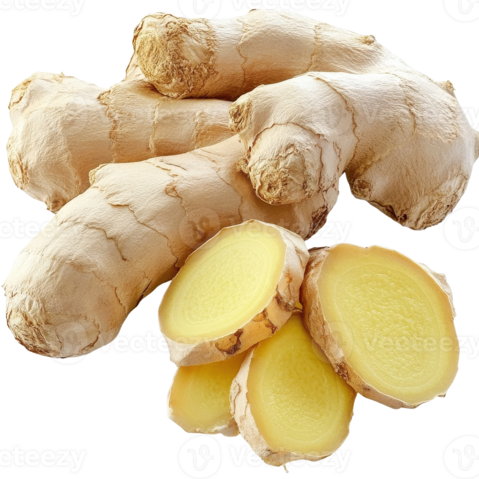 Ginger root and slices on transparent background png