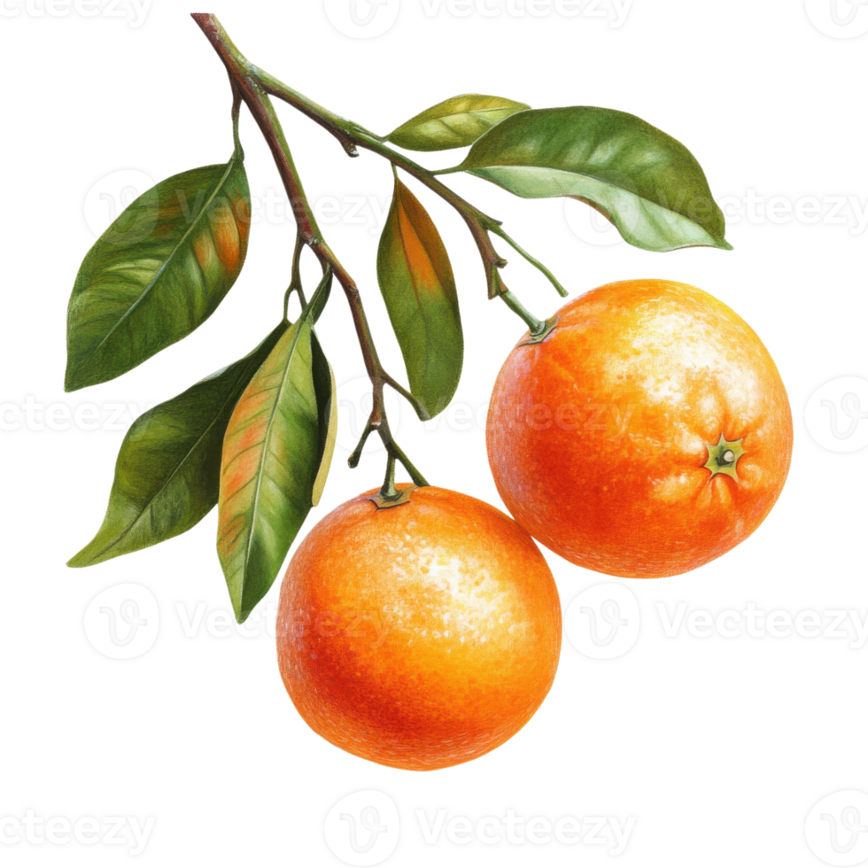 Two oranges on a branch on transparent background png