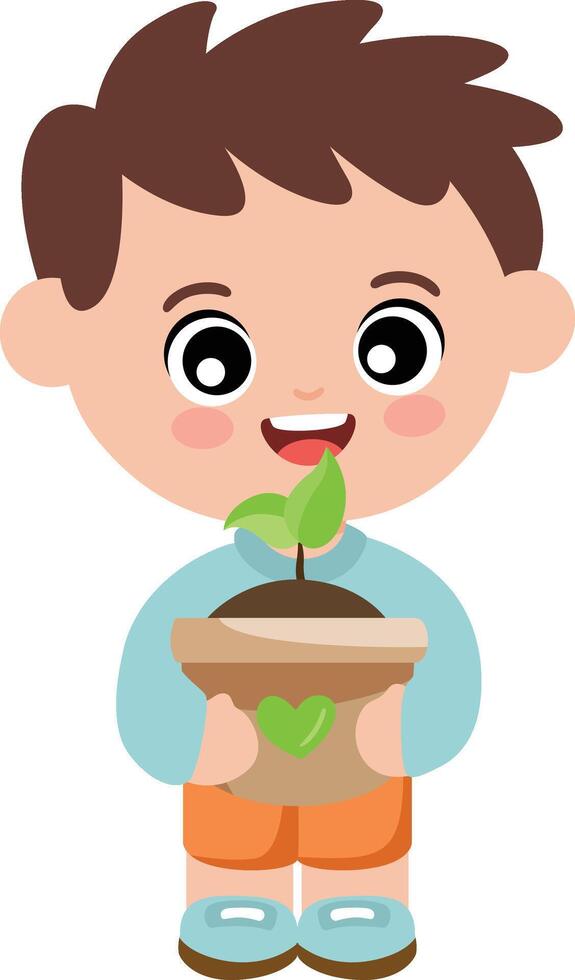 Happy Boy Holding a Small Green Plant vector