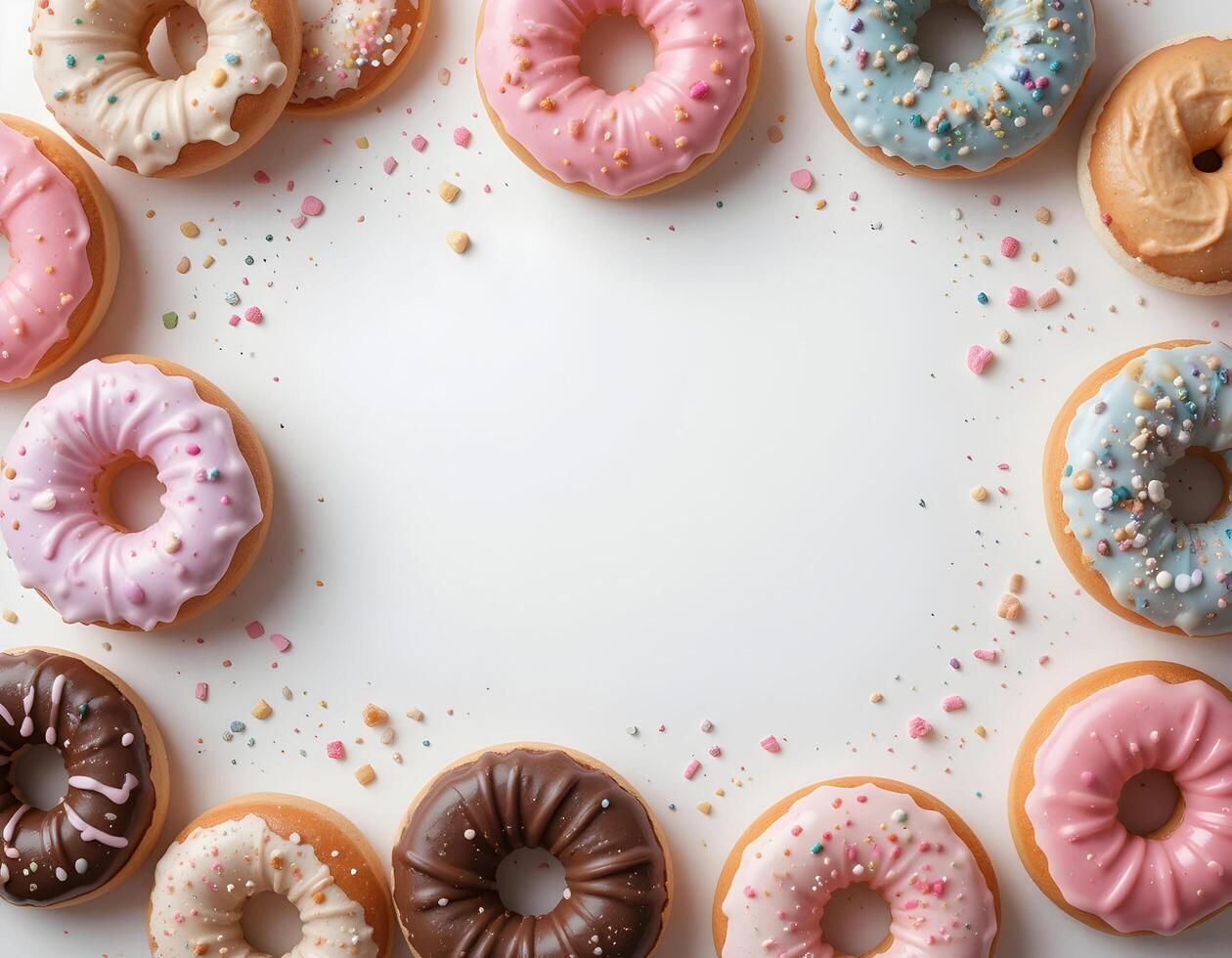Assorted Colorful Donuts Bordering White Copy Space photo
